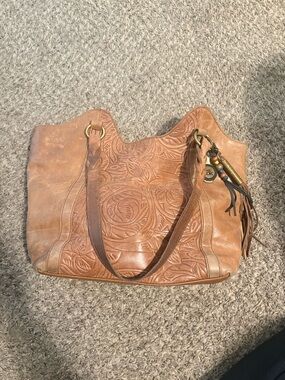 Tooled Leather Hobo Tote in Cognac with Tassel Charm